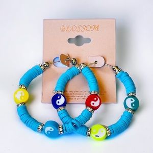 NEW Multicolor Yin Yang Foam Bead Light Blue Hoops Bold Boho Eclectic Indie